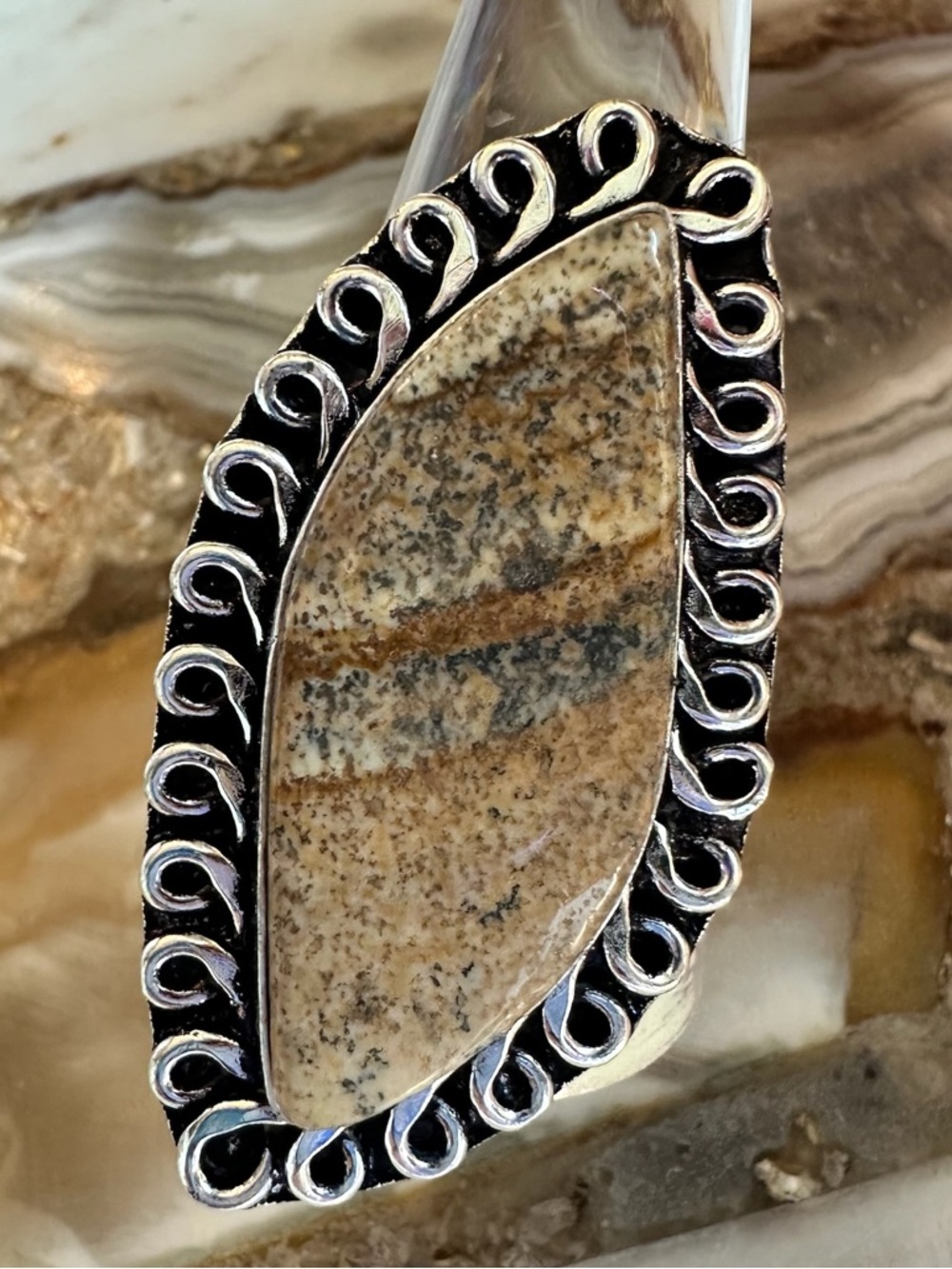 2523 Artisan Silver and Tan Picture Jasper Stone Ring